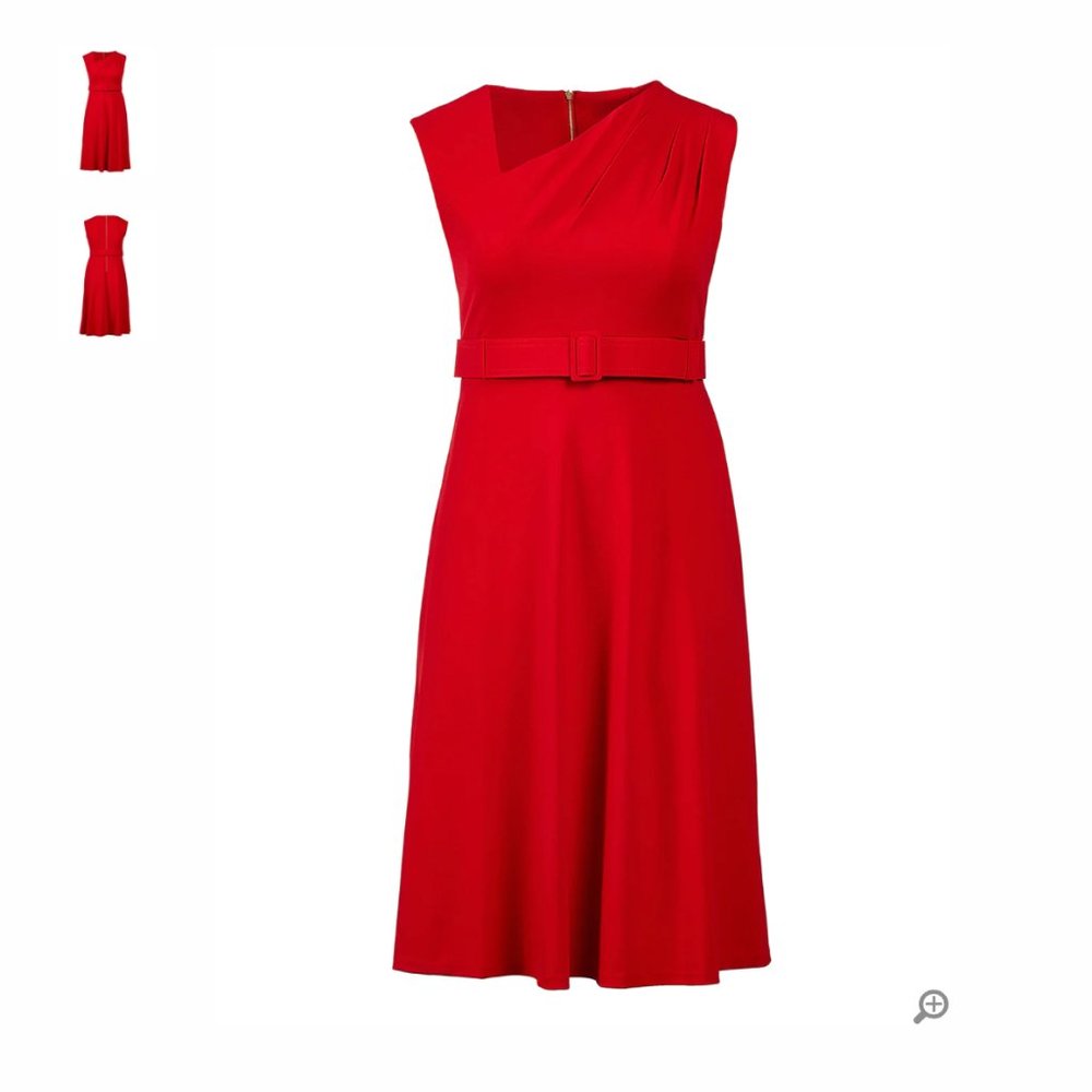 Calvin Klein Red Belted Asymmetrical Neck Line Fit & Flare Dress Size 14
